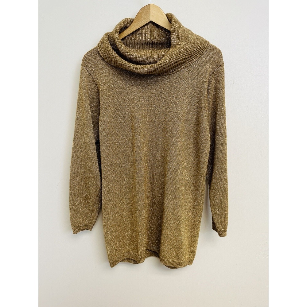 VTG Jeanne Pierre Sz Large Gold Shimmer Cowlneck Sweater Lambswool Holiday Top